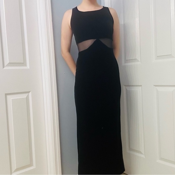Vintage Dress 90s Velvet Black Cut Out Mesh Long Formal Minimalist Gothic Small - Picture 2 of 8